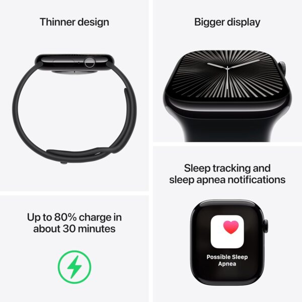 Apple Watch Series 10 [GPS 46mm case] Smartwatch with Jet Black Aluminium Case with Black Sport Band - M/L. Fitness Tracker, ECG App, Always-On Retina Display, Water Resistant - Image 5